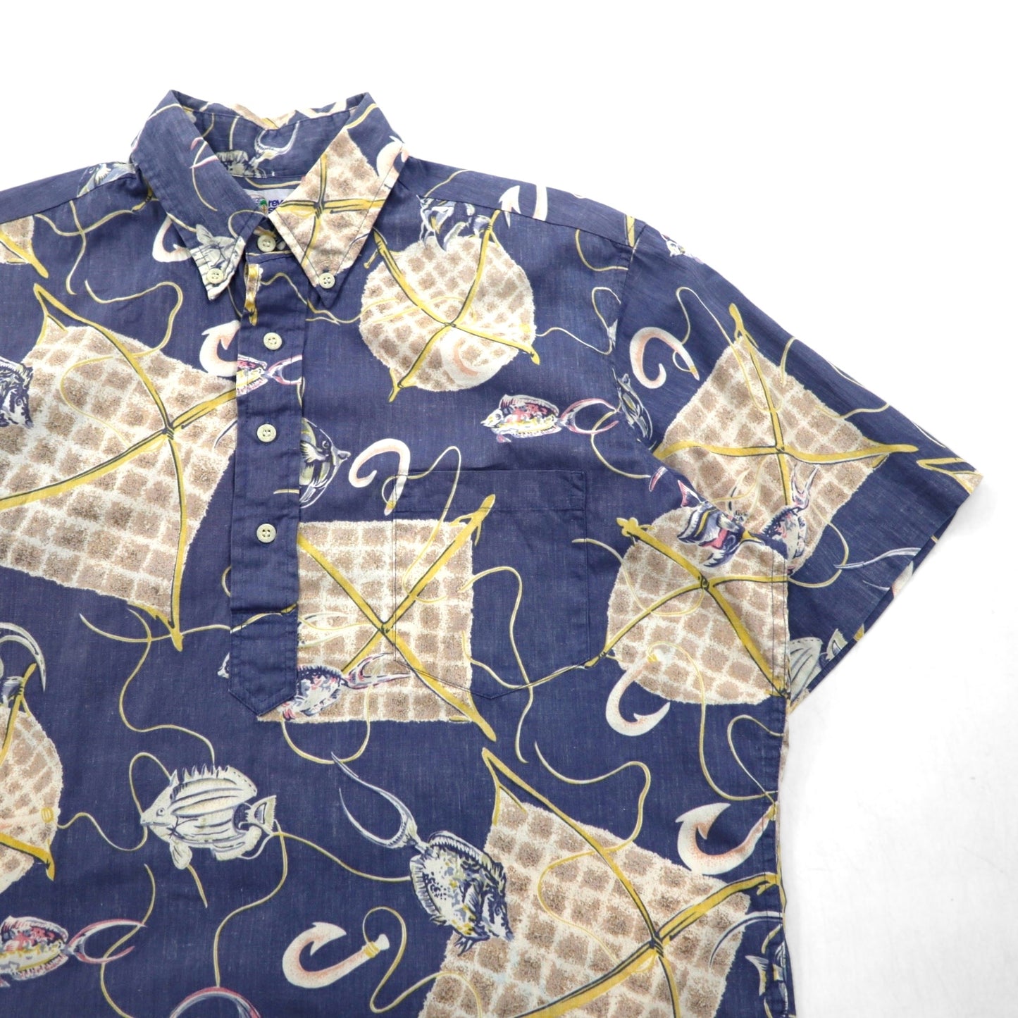 Reyn Spooner 90年代 ハワイ製 ビキニタグ プルオーバー 半袖 ボタンダウン アロハシャツ M ブルー コットン 魚モチーフ
