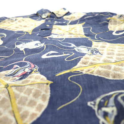 Reyn Spooner 90年代 ハワイ製 ビキニタグ プルオーバー 半袖 ボタンダウン アロハシャツ M ブルー コットン 魚モチーフ