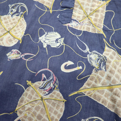 Reyn Spooner 90年代 ハワイ製 ビキニタグ プルオーバー 半袖 ボタンダウン アロハシャツ M ブルー コットン 魚モチーフ