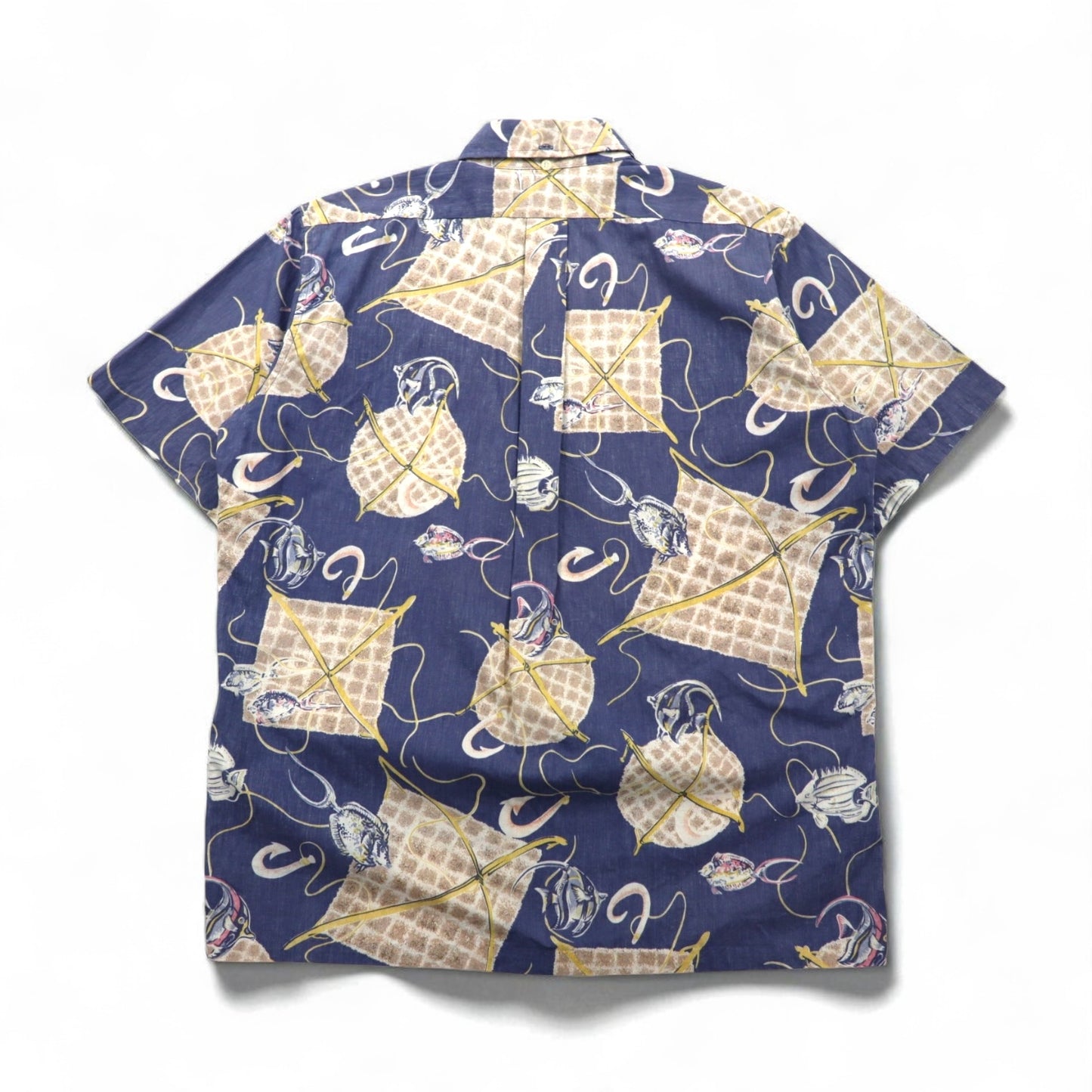 Reyn Spooner 90年代 ハワイ製 ビキニタグ プルオーバー 半袖 ボタンダウン アロハシャツ M ブルー コットン 魚モチーフ