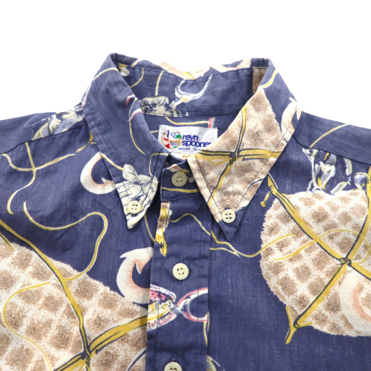 Reyn Spooner 90年代 ハワイ製 ビキニタグ プルオーバー 半袖 ボタンダウン アロハシャツ M ブルー コットン 魚モチーフ
