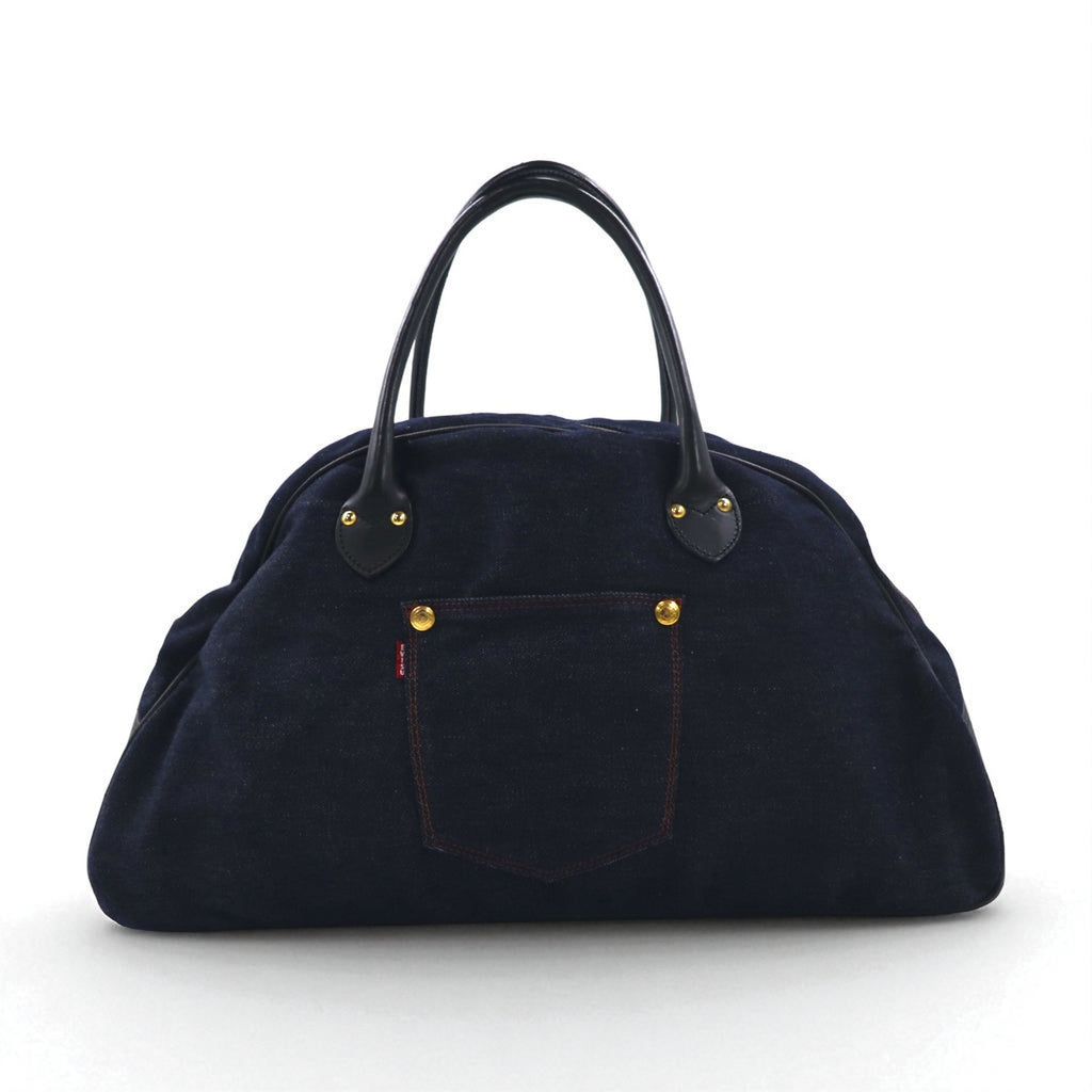 EVISU Leather Handle Denim Boston Bag Handbag in Indigo, Blue, and Dark Navy with Pockets
