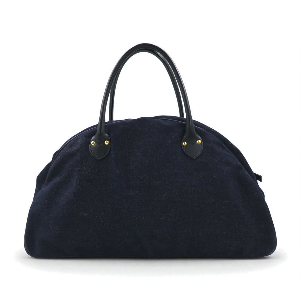 EVISU Leather Handle Denim Boston Bag Handbag in Indigo, Blue, and Dark Navy with Pockets
