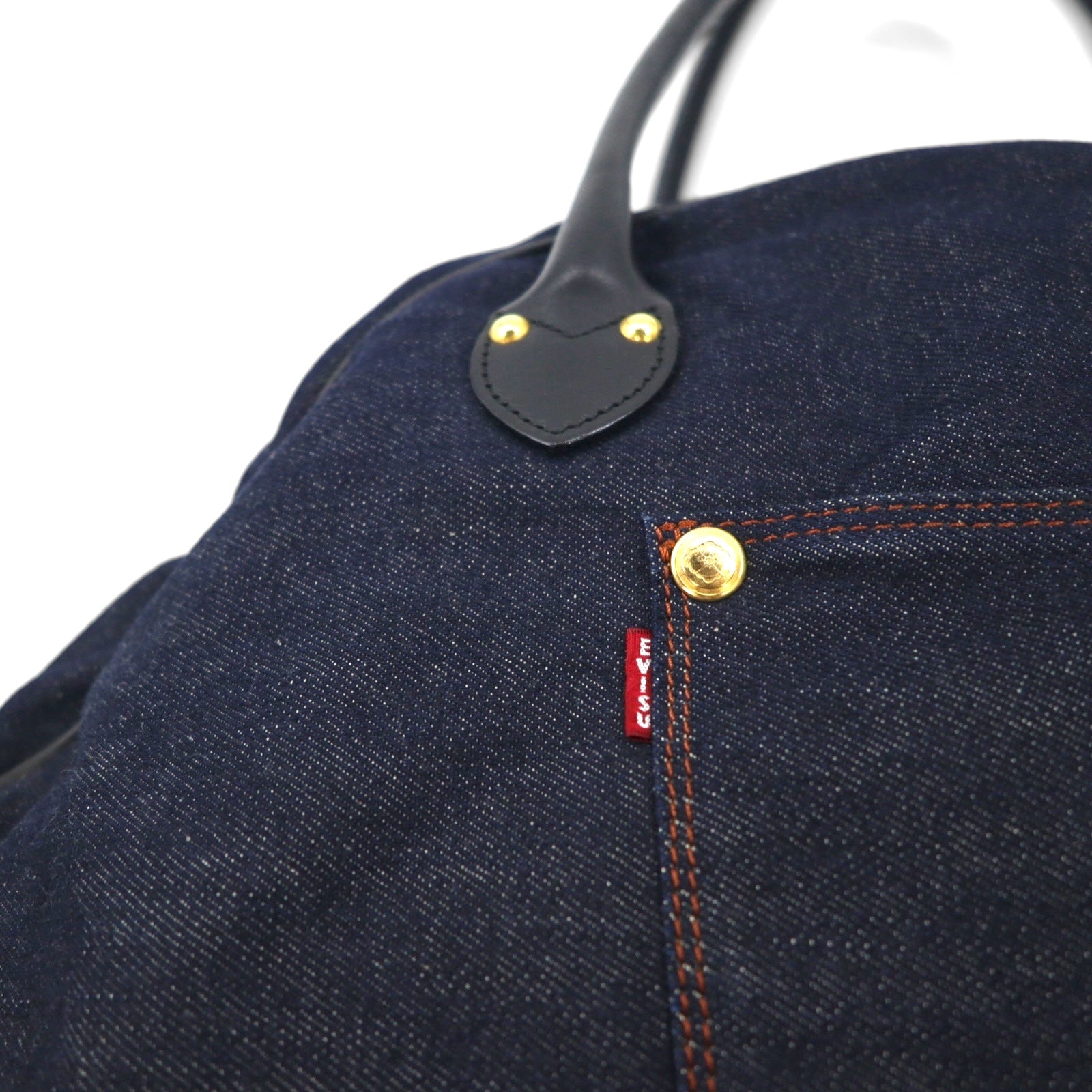 EVISU Leather Handle Denim Boston Bag Handbag in Indigo, Blue, and Dark Navy with Pockets