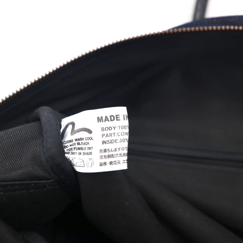 EVISU Leather Handle Denim Boston Bag Handbag in Indigo, Blue, and Dark Navy with Pockets