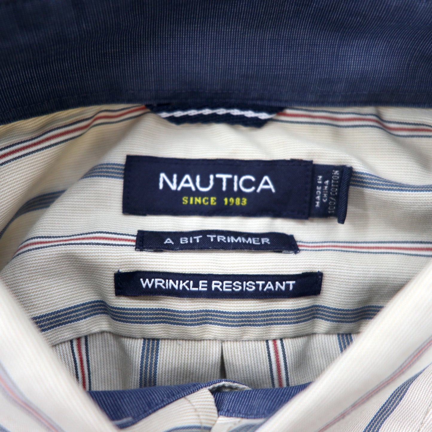 NAUTICA ボタンダウンシャツ L ベージュ ストライプ コットン A BIT TRIMMER ワンポイントロゴ刺繍 WRINKLE RESISTANT