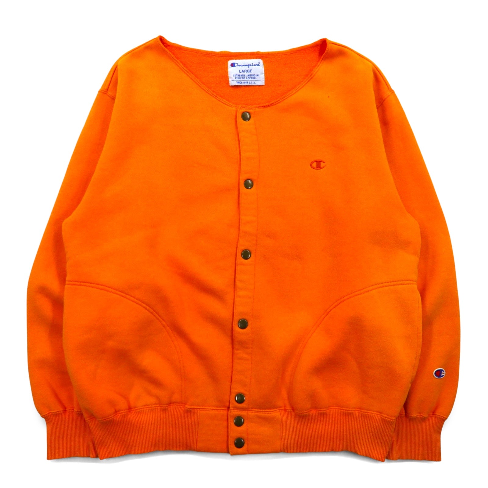 Champion 90s Snap Cardigan Sweat Blouson L Orange Side Pockets Fleece Lining