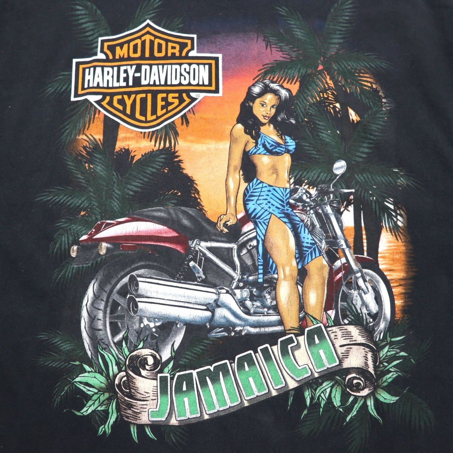 HARLEY DAVIDSON JAMAICA Back Print T-Shirt XL Black Pin-up Girl