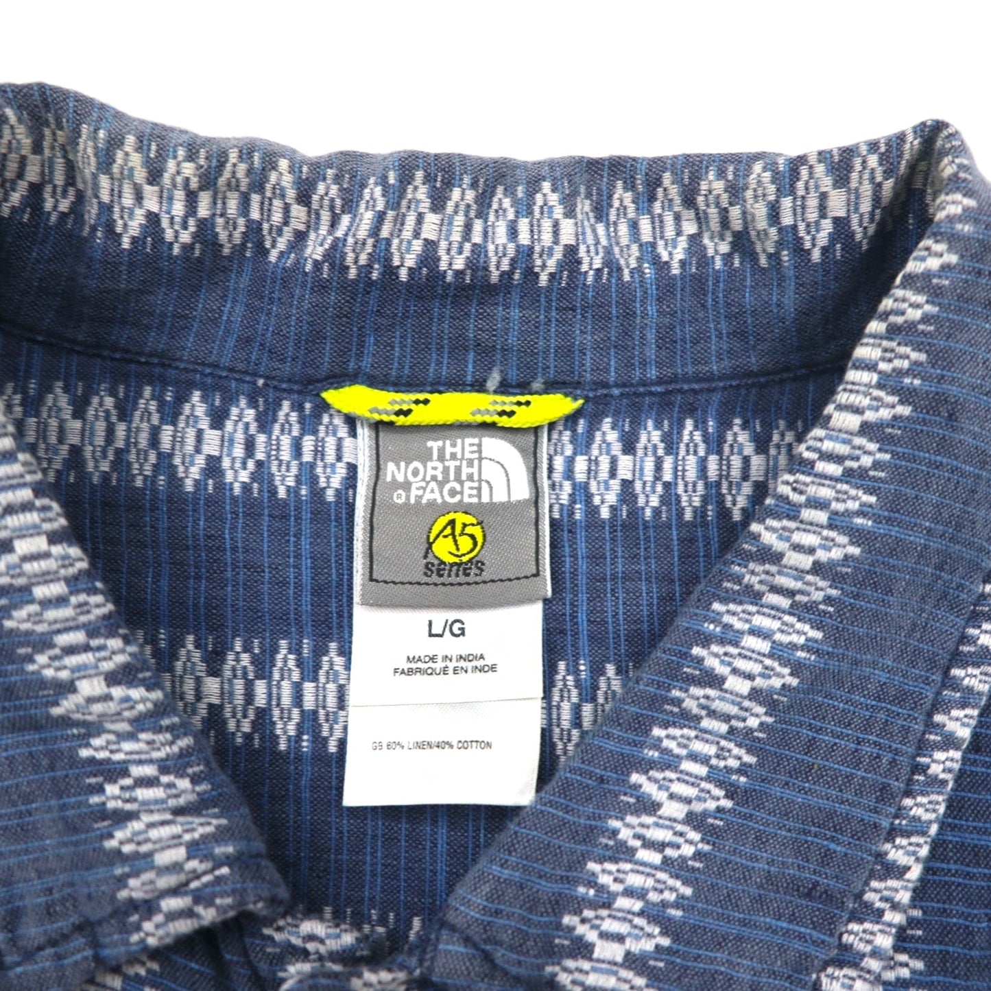 THE NORTH FACE A5シリーズ 半袖 ジャガード リネン シャツ L ブルー コットン 総柄 ストライプ AYD3