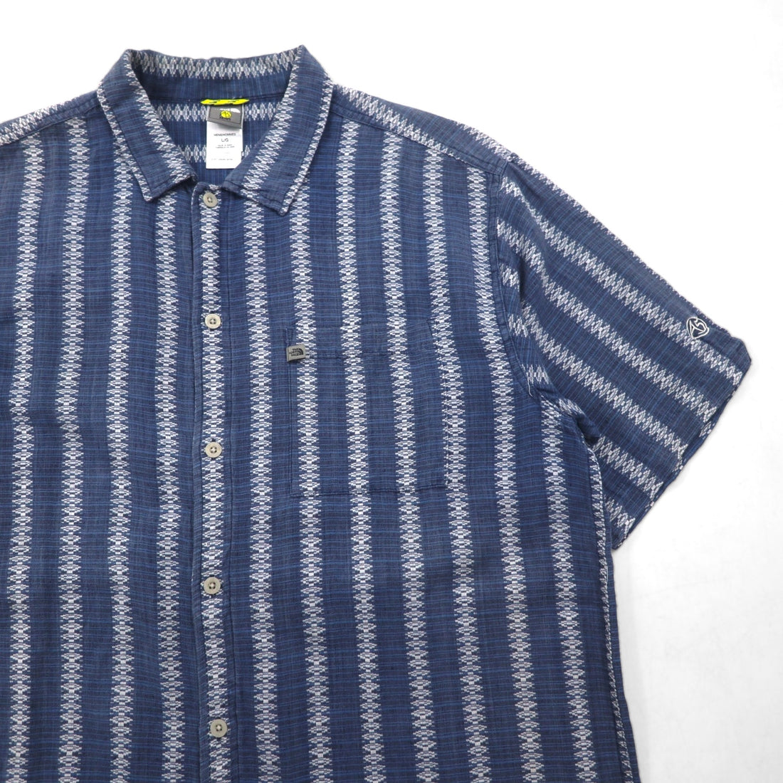 THE NORTH FACE A5シリーズ 半袖 ジャガード リネン シャツ L ブルー コットン 総柄 ストライプ AYD3