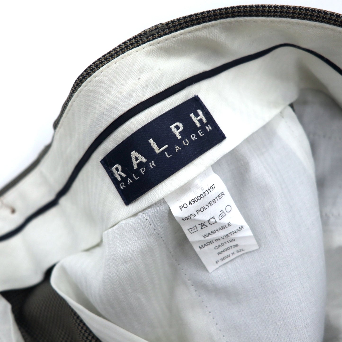 RALPH LAUREN タック ワイド スラックスパンツ 36W グレー ガンクラブチェック 千鳥格子 ポリエステル WASHABLE