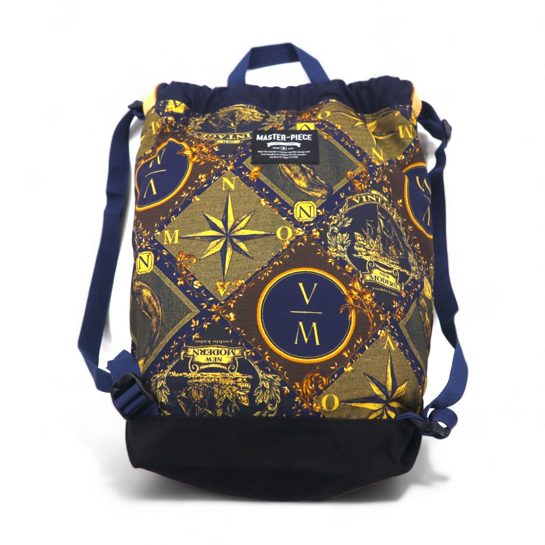 Yoshio Kubo x MSPC (MASTER PIECE) Drawstring Backpack/Knapsack, Navy Nylon and Leather, Made in Japan