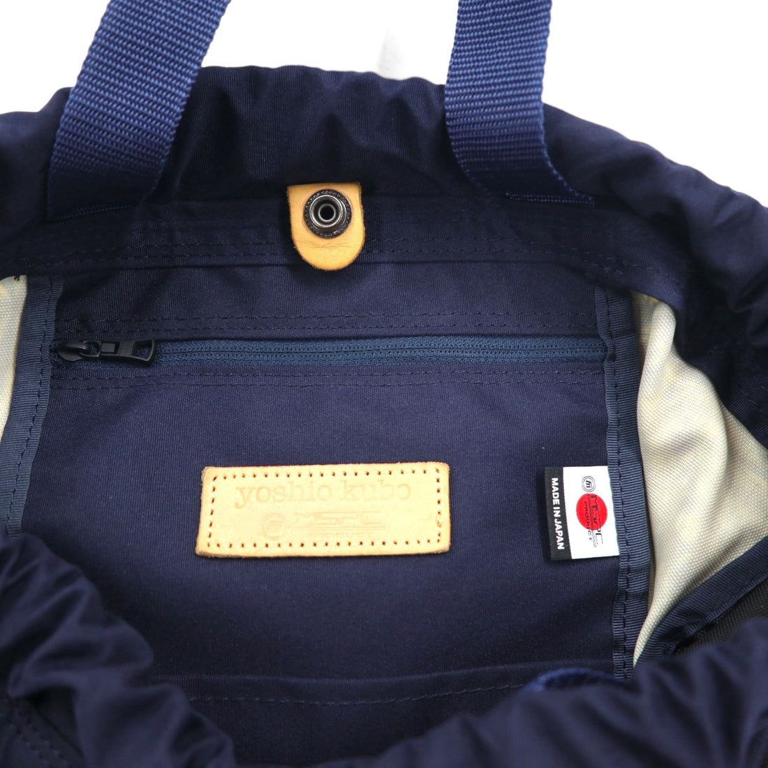 Yoshio Kubo x MSPC (MASTER PIECE) Drawstring Backpack/Knapsack, Navy Nylon and Leather, Made in Japan