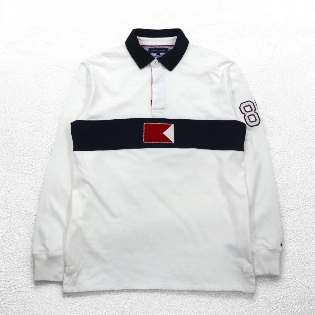 TOMMY HILFIGER SAILING Flag Logo Rugby Shirt L White Cotton Numbering