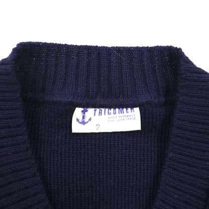 80s France Vintage TRICOMER V-Neck Knit Sweater, Made in France, Size M, Navy, Wool