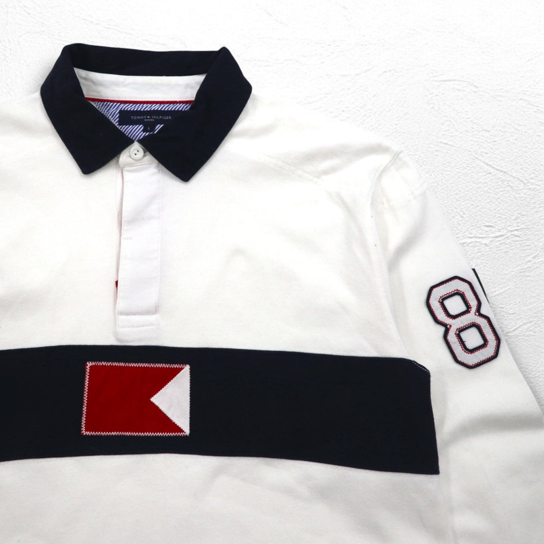 TOMMY HILFIGER SAILING Flag Logo Rugby Shirt L White Cotton Numbering