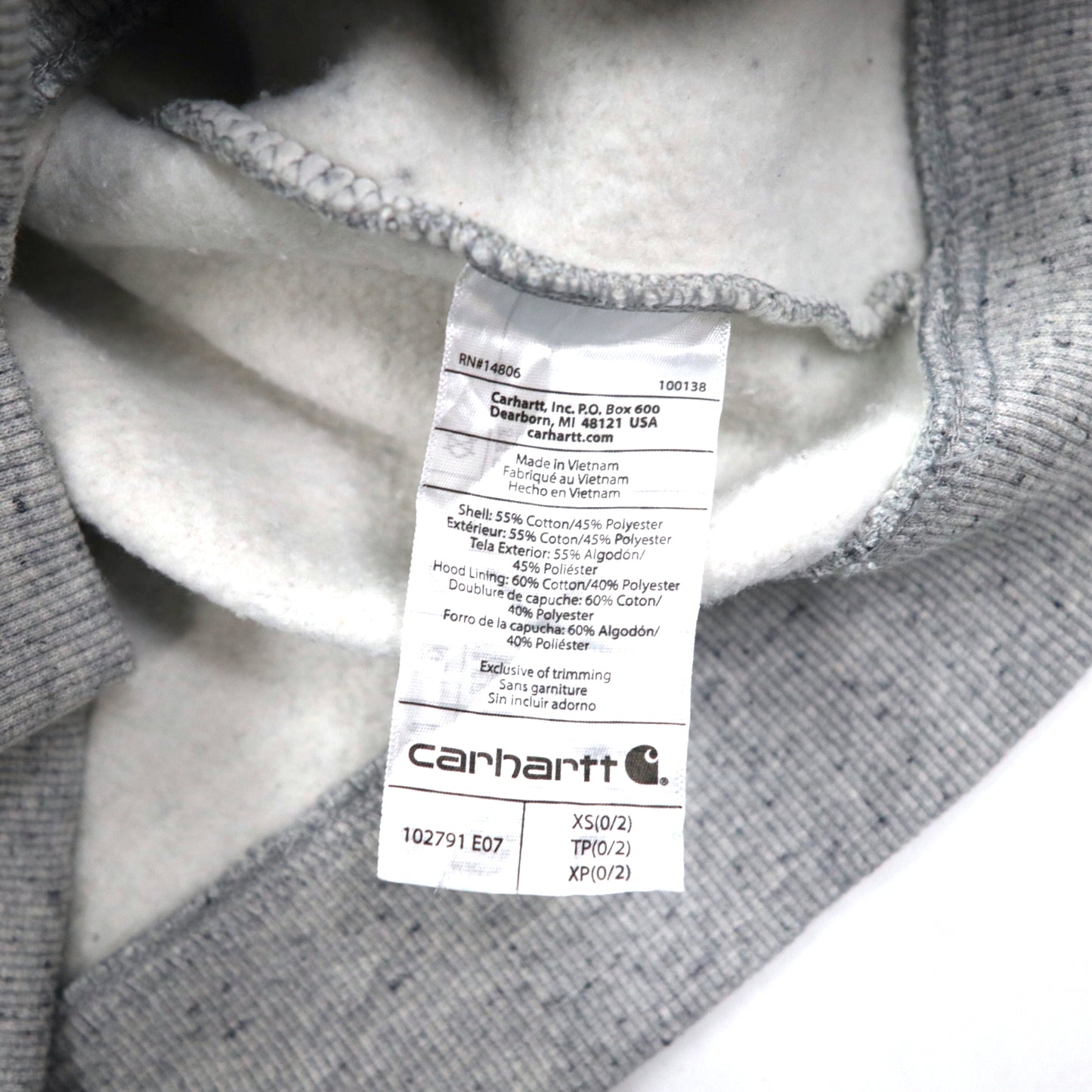 carhartt プルオーバーパーカー XS グレー コットン 裏起毛 ワンポイントロゴ 袖ロゴ Women 102791 Relaxed Fit Logo Sleeve Graphic Hoodie