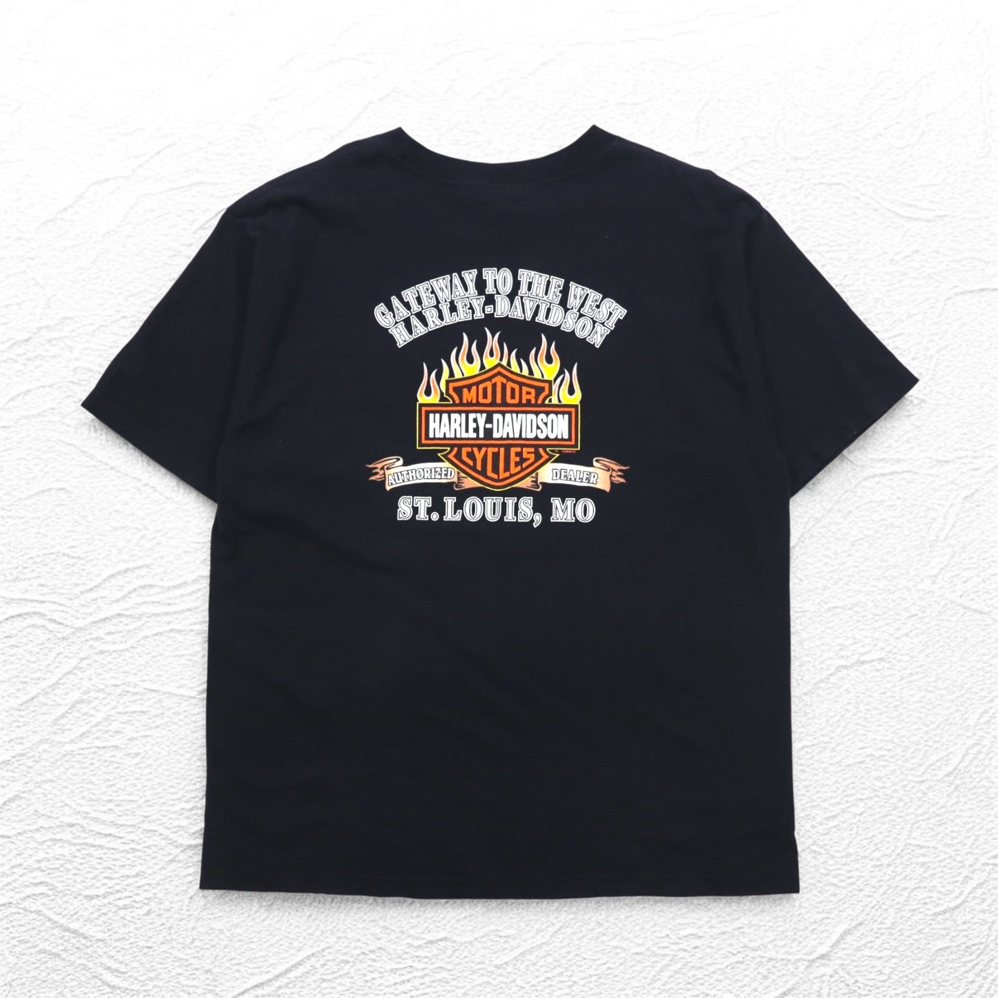 HARLEY DAVIDSON 00s Made in USA Fire Pattern Skull Print T-Shirt 2XL Black Cotton ST LOUIS MO