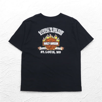 HARLEY DAVIDSON 00s Made in USA Fire Pattern Skull Print T-Shirt 2XL Black Cotton ST LOUIS MO