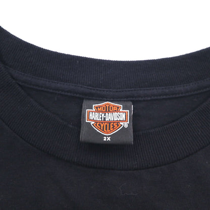 HARLEY DAVIDSON 00s Made in USA Fire Pattern Skull Print T-Shirt 2XL Black Cotton ST LOUIS MO