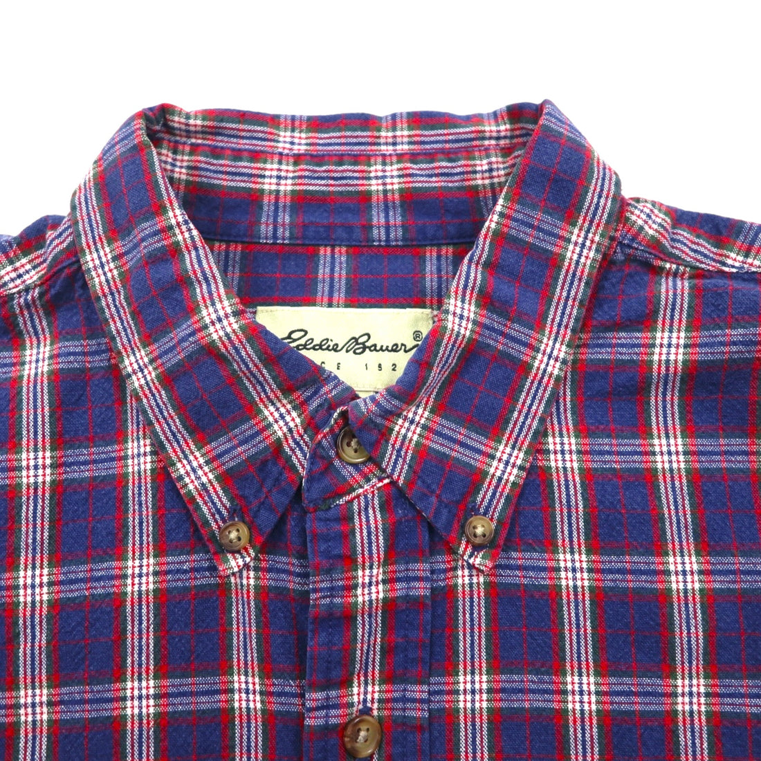 Eddie Bauer 90s Button-Down Flannel Shirt, Size L, Navy Cotton Check