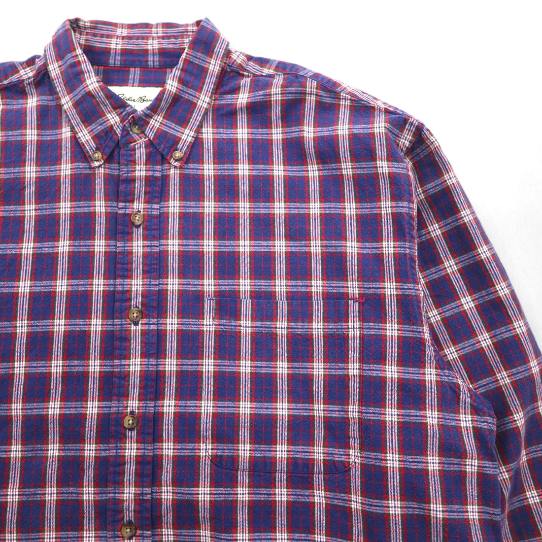 Eddie Bauer 90s Button-Down Flannel Shirt, Size L, Navy Cotton Check