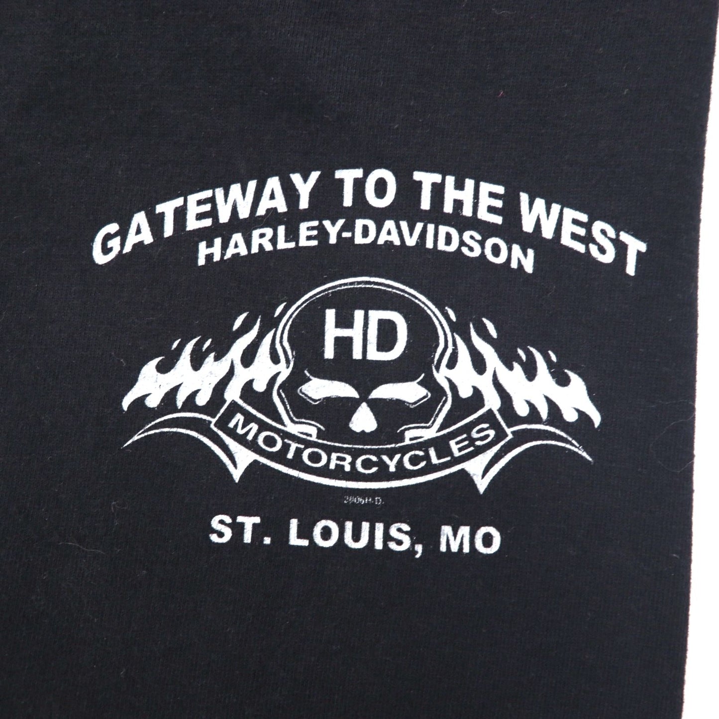 HARLEY DAVIDSON 00s Made in USA Fire Pattern Skull Print T-Shirt 2XL Black Cotton ST LOUIS MO