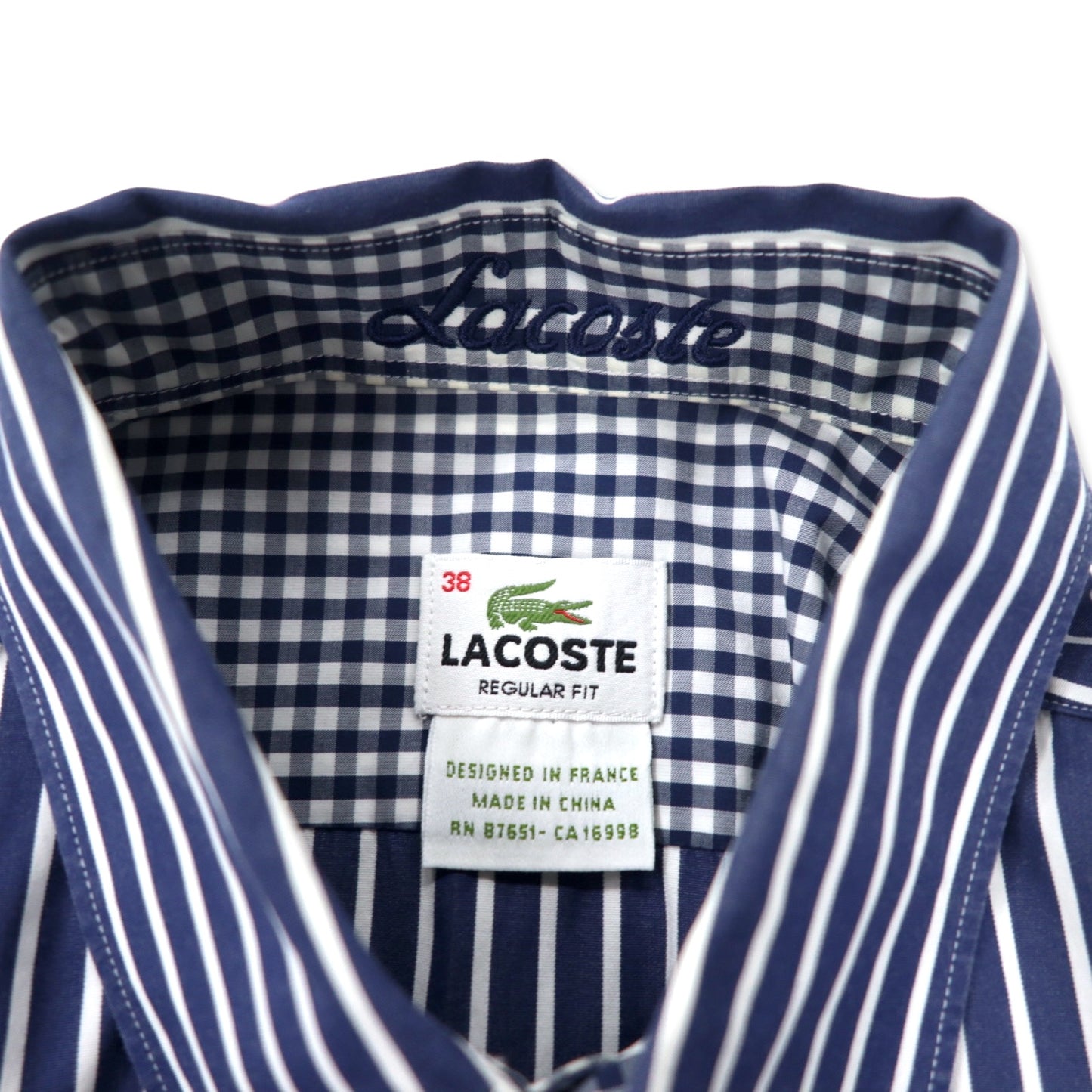 LACOSTE ボタンダウンシャツ 38 ネイビー ストライプ コットン REGULAR FIT ワンポイントロゴ F5182