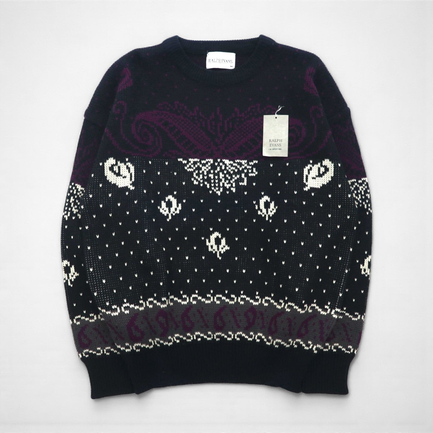 90s Vintage Jacquard Knit 90年代 バンダナ 総柄 ニット セーター M ブラック RALPH EVANS 未使用品