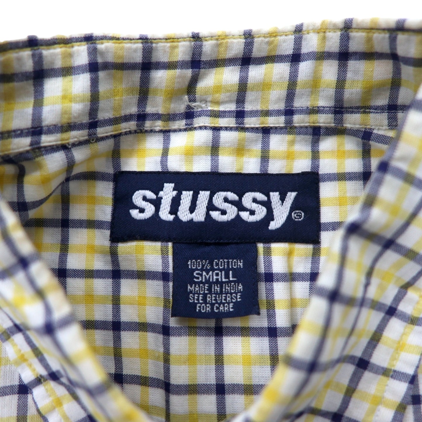 stussy 90年代 ビッグサイズ 半袖  ボタンダウンシャツ S イエロー チェック コットン 紺タグ