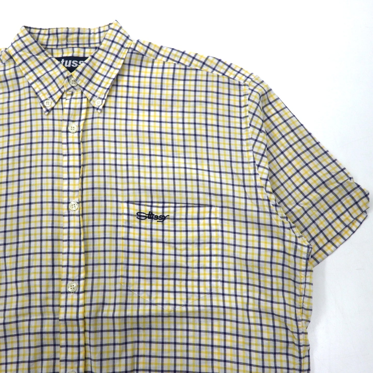 stussy 90年代 ビッグサイズ 半袖  ボタンダウンシャツ S イエロー チェック コットン 紺タグ