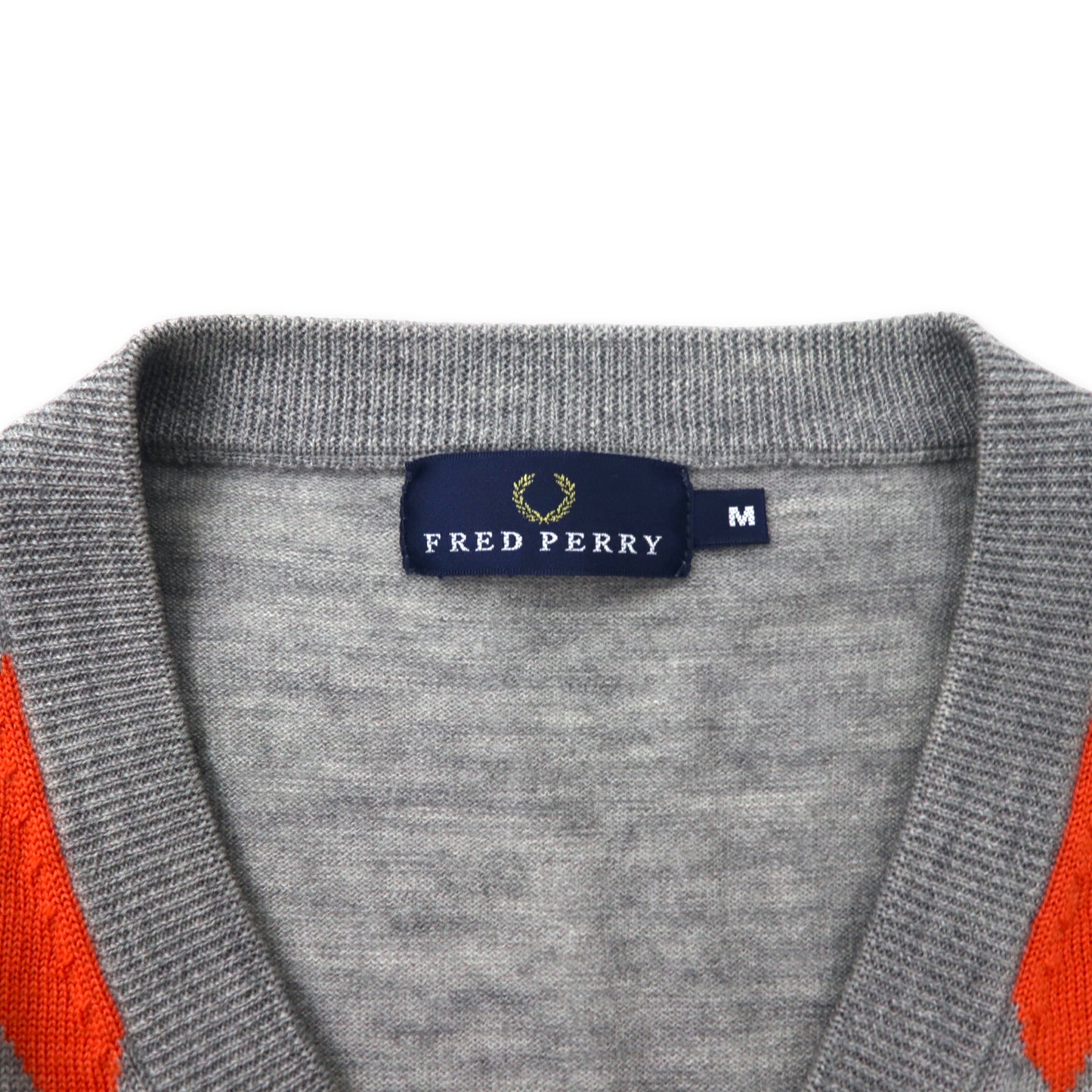 Fred Perry V Neck Argile Knit Sweater M Gray Wool One Point Logo 