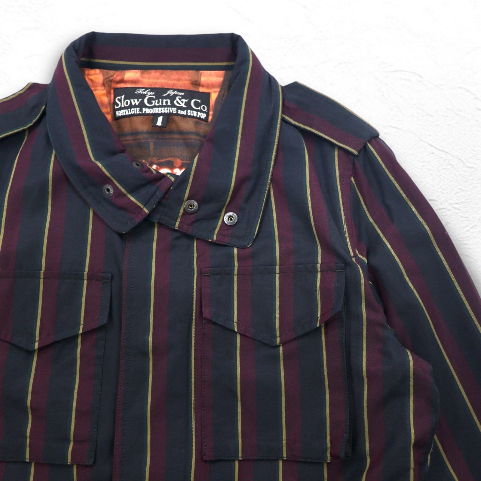 Slow Gun &amp; Co. M-65 Military Field Jacket, S, Navy, Striped, Drawstring, Made in Japan