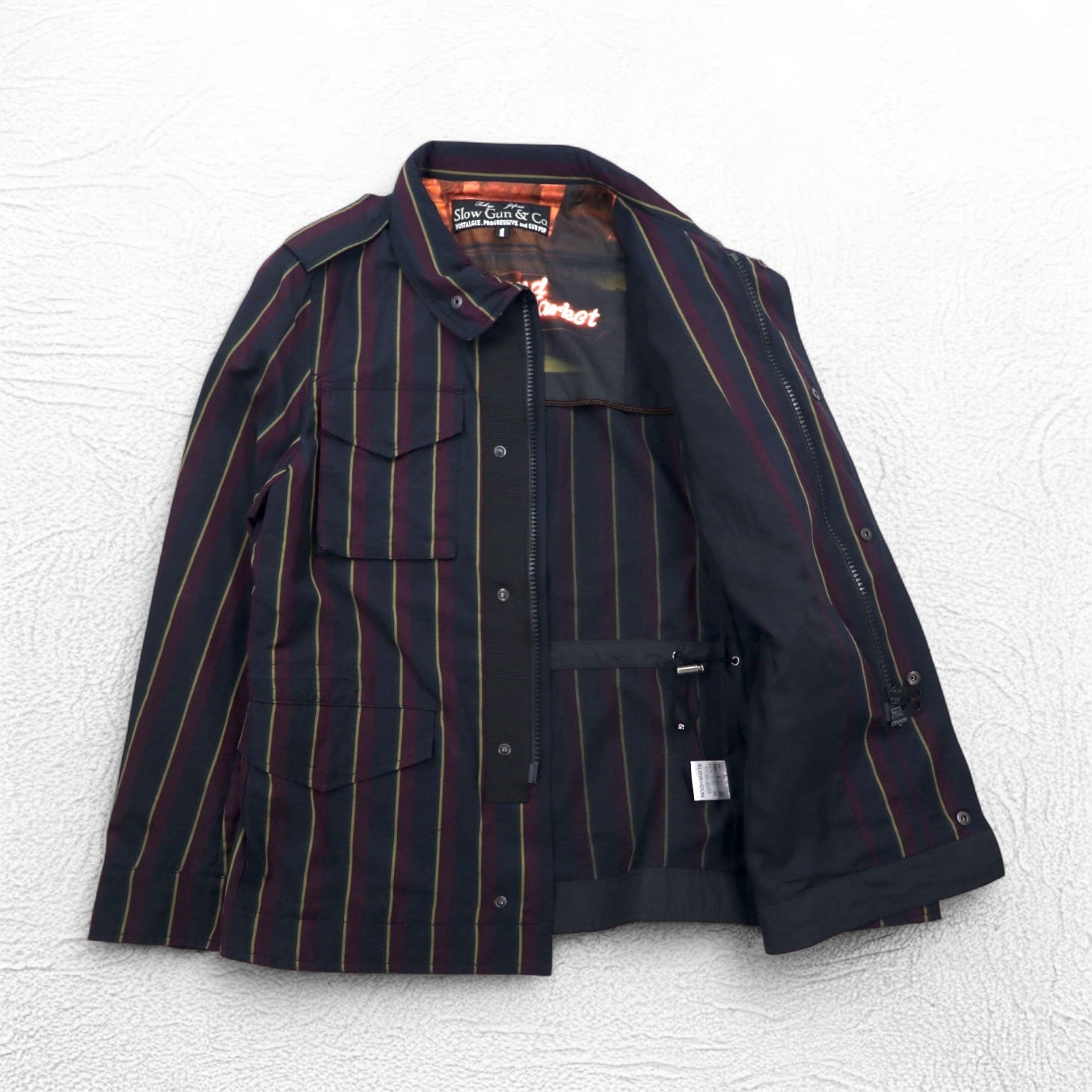 Slow Gun &amp; Co. M-65 Military Field Jacket, S, Navy, Striped, Drawstring, Made in Japan