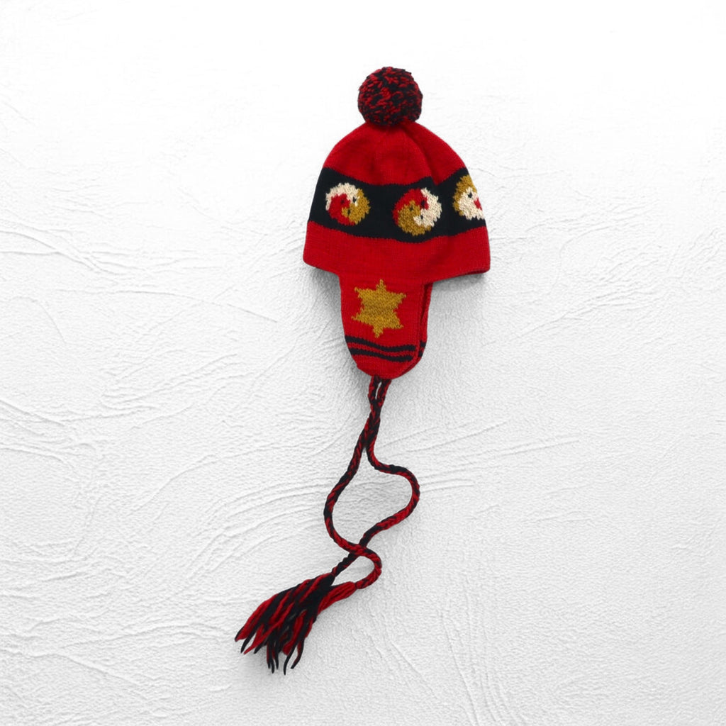 Leh イヤーフラップ ニット キャップ ear flap knit cap ボンボン ニット帽 FREE レッド 耳あて付き
