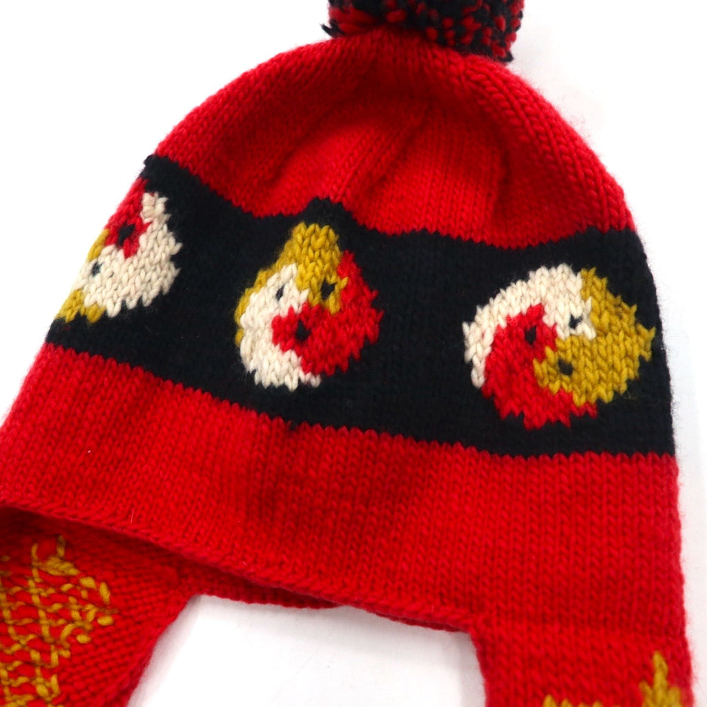 Leh イヤーフラップ ニット キャップ ear flap knit cap ボンボン ニット帽 FREE レッド 耳あて付き