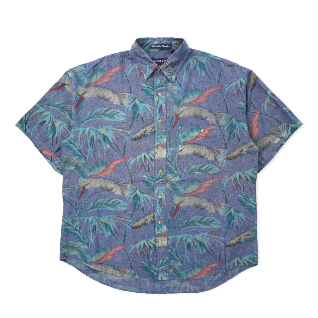 日本然リトテ-古着オンライン-GANT アロハシャツ L ブルー コットン シャンブレー 総柄 ボタニカル WHITE WATER CHAMBRAY-GANT Hawaiian Shirt L Blue Cotton Chambray patterned Botanical WHITE WATER CHAMBRAY