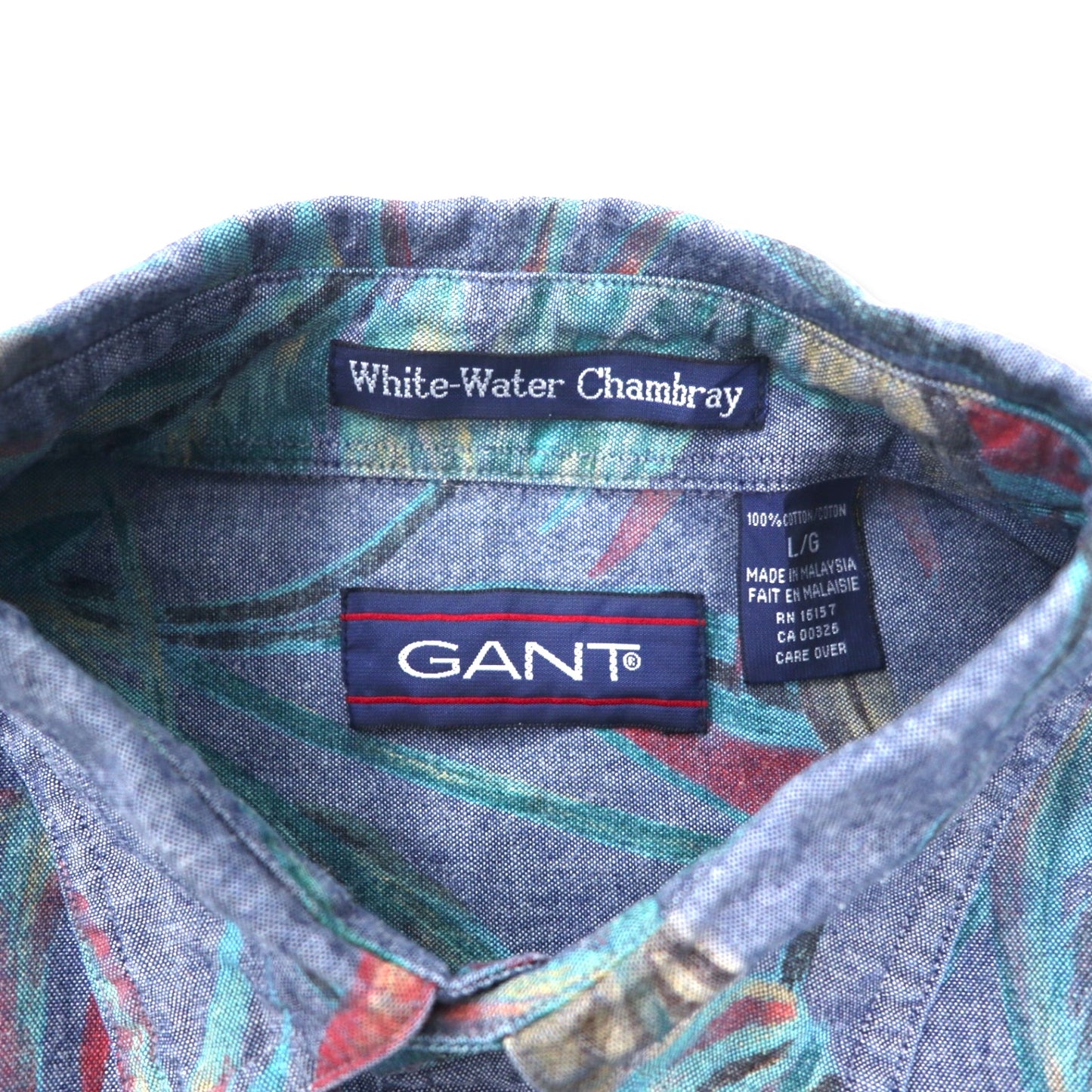 GANT アロハシャツ L ブルー コットン シャンブレー 総柄 ボタニカル WHITE WATER CHAMBRAY