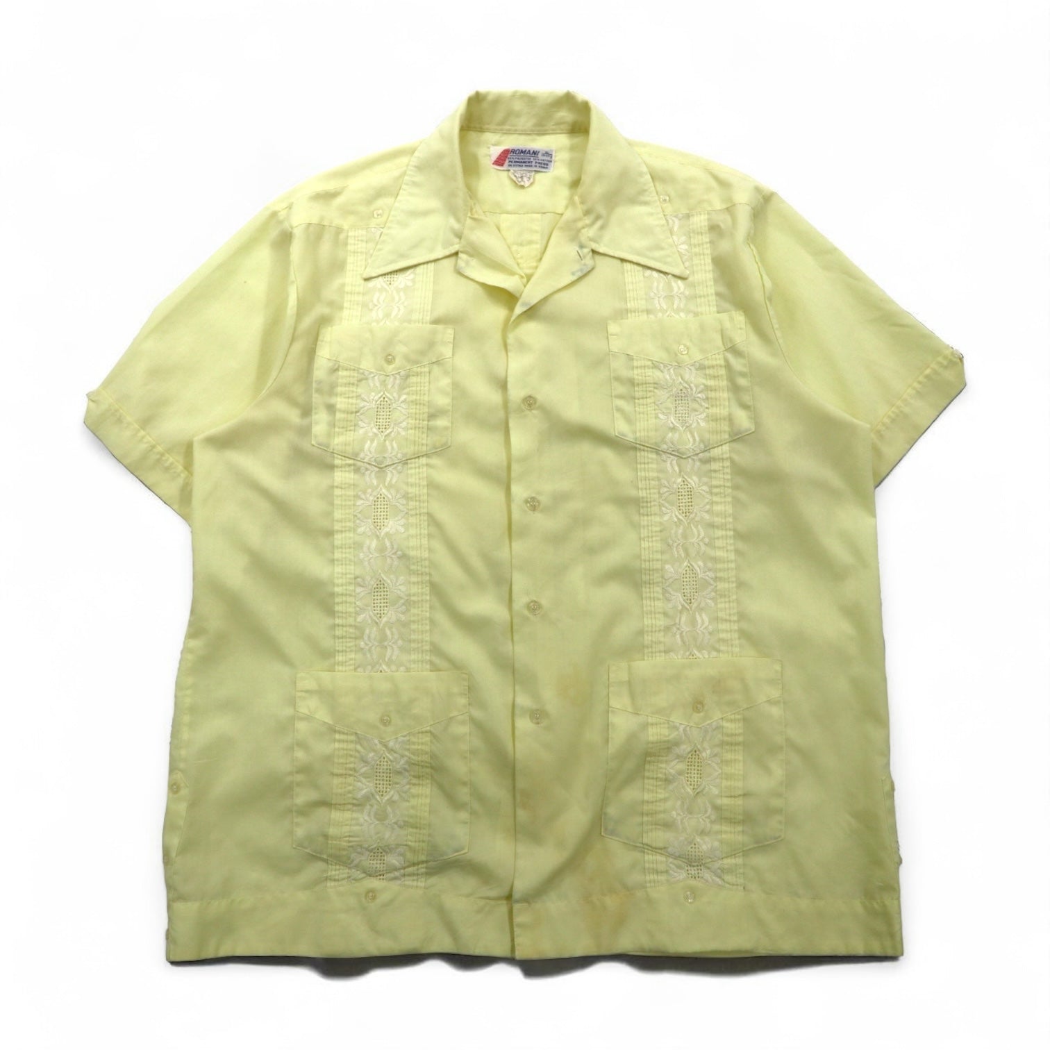 ROMANI 80s Cuban Box Shirt, Size XL, Yellow, Polyester and Cotton, Embroidered