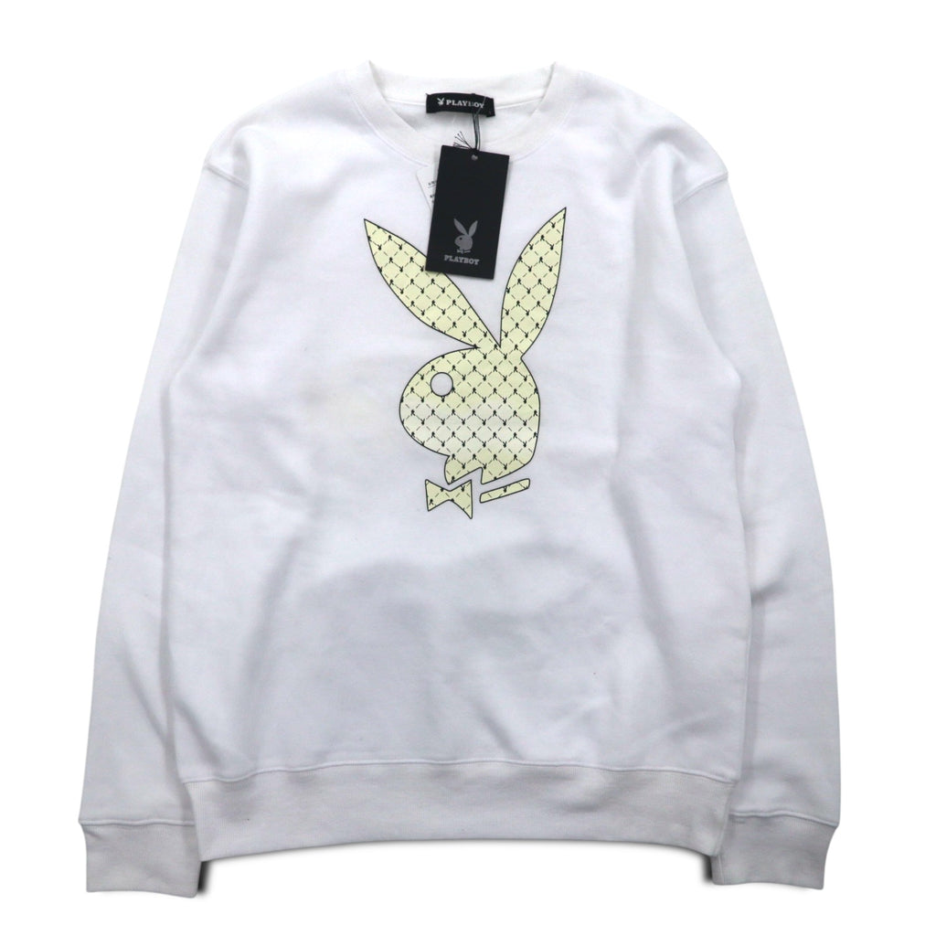 PLAY BOY logo print crew neck sweatshirt L white cotton fleece lining unused