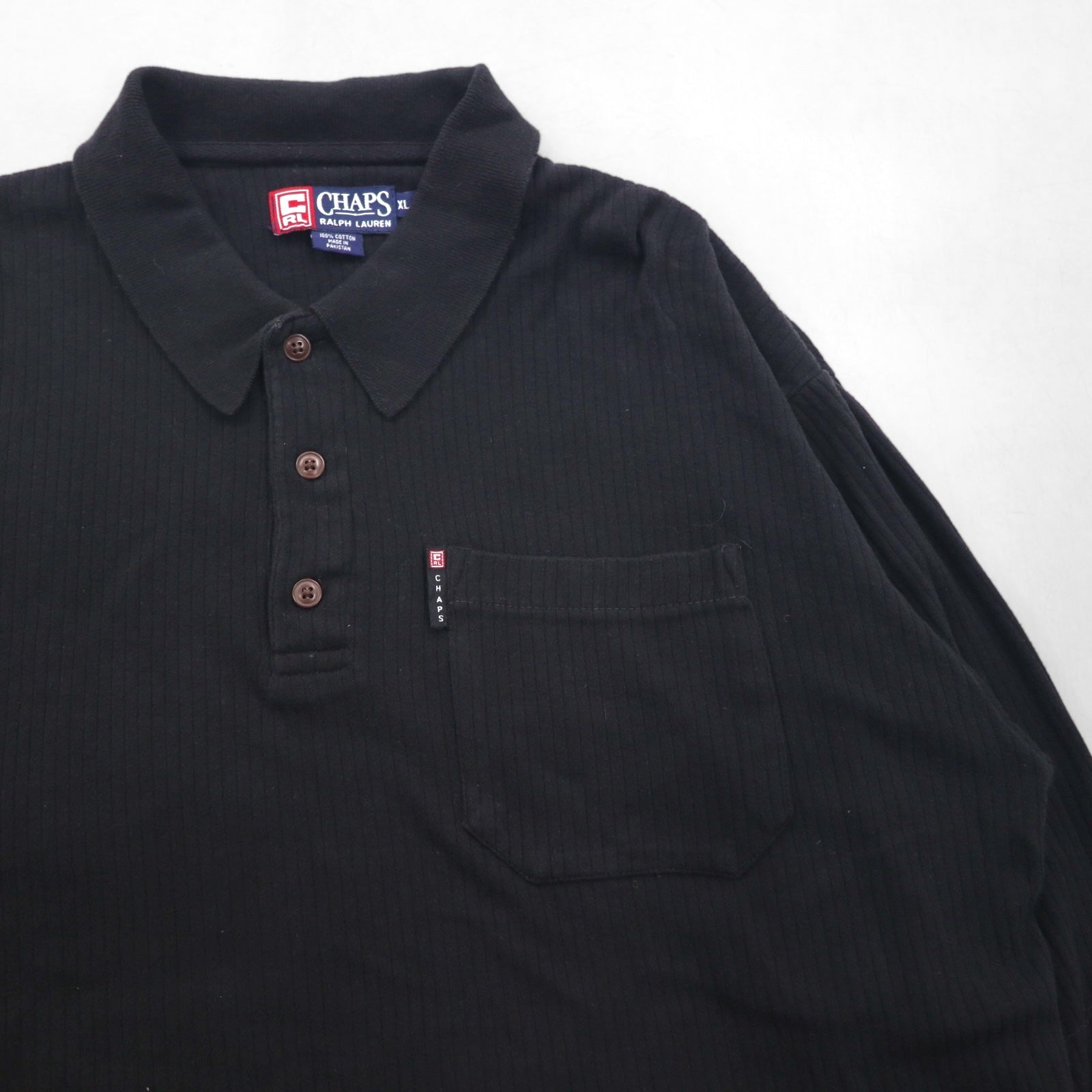 CHAPS RALPH LAUREN Long Sleeve Polo Shirt, Rugby Shirt, XL, Black, Cotton, Chest Pocket