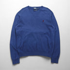 Polo Ralph Lauren 90年代 Vネック ピマコットン ニット セーター M ブルー スモールポニー刺繡