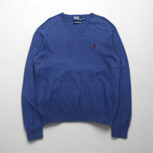 Polo Ralph Lauren 90年代 Vネック ピマコットン ニット セーター M ブルー スモールポニー刺繡