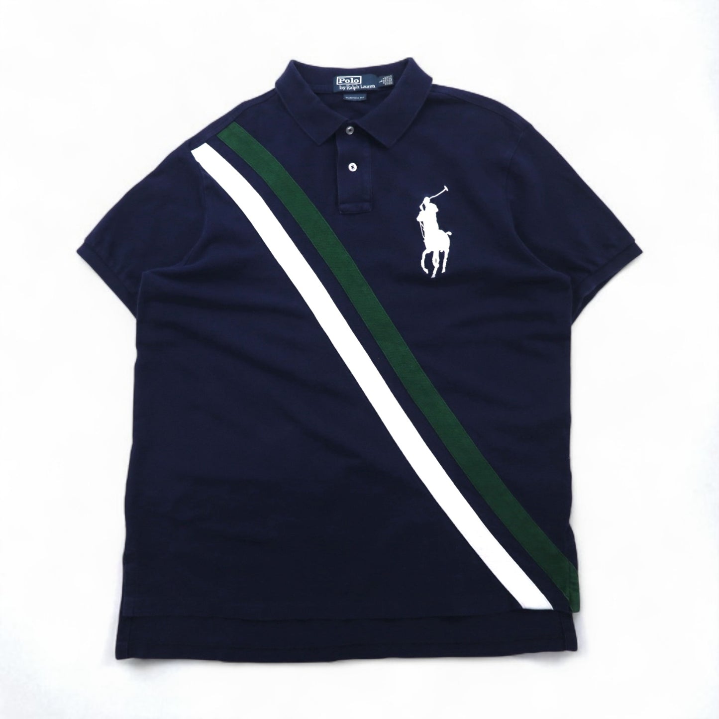 Polo by Ralph Lauren 90年代 ビッグポニー刺繍 ラインデザイン ポロシャツ L ネイビー コットン 鹿の子