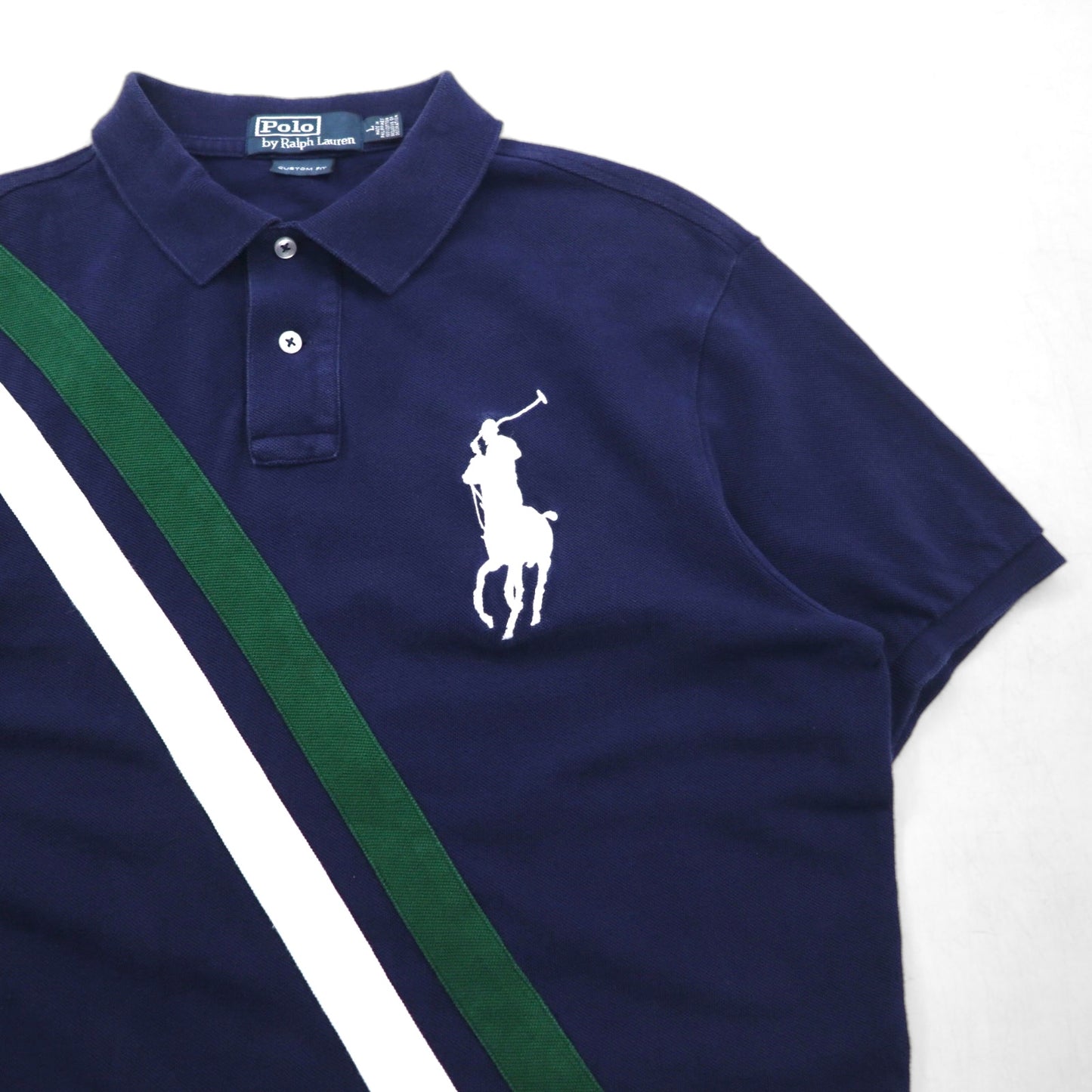 Polo by Ralph Lauren 90年代 ビッグポニー刺繍 ラインデザイン ポロシャツ L ネイビー コットン 鹿の子