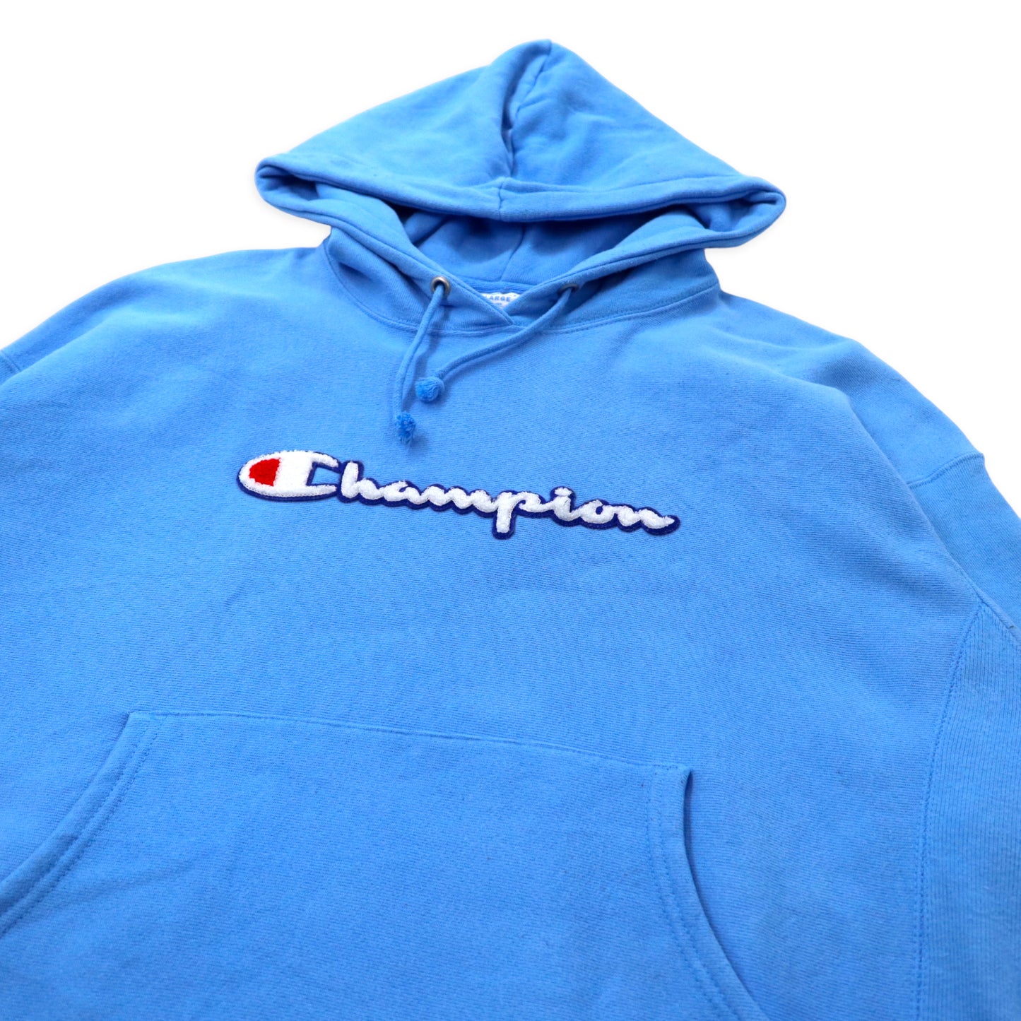 Champion リバースウィーブパーカー L ブルー コットン 裏起毛 スクリプトロゴ 青 単色タグ 復刻 REVERSE WEAVE