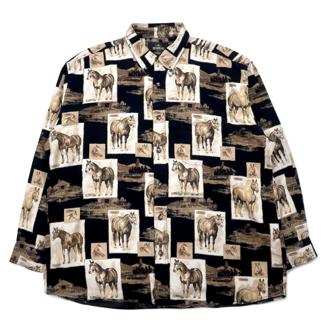 日本然リトテ-古着オンライン-RED HEAD アニマル 総柄 ボタンダウンシャツ XL ブラック コットン 馬-RED HEAD Animal patterned button-down Shirts XL Black Cotton Horse