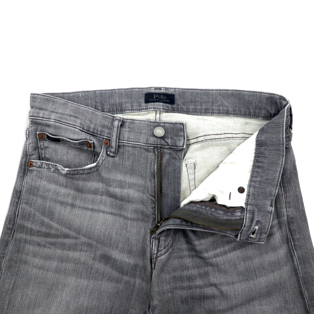 Polo Ralph Lauren distressed skinny jeans, denim pants, size 30, grey, cotton, stretch, leather patch, zipper fly, made in Turkey