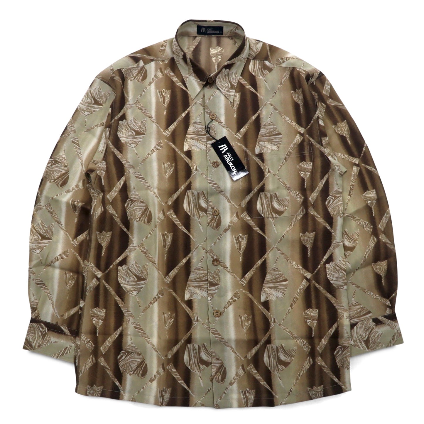 Vintage 90s Japan Made Retro Shirt JOLLY ARUKON All-over Print Polyester Shirt M Brown Unused