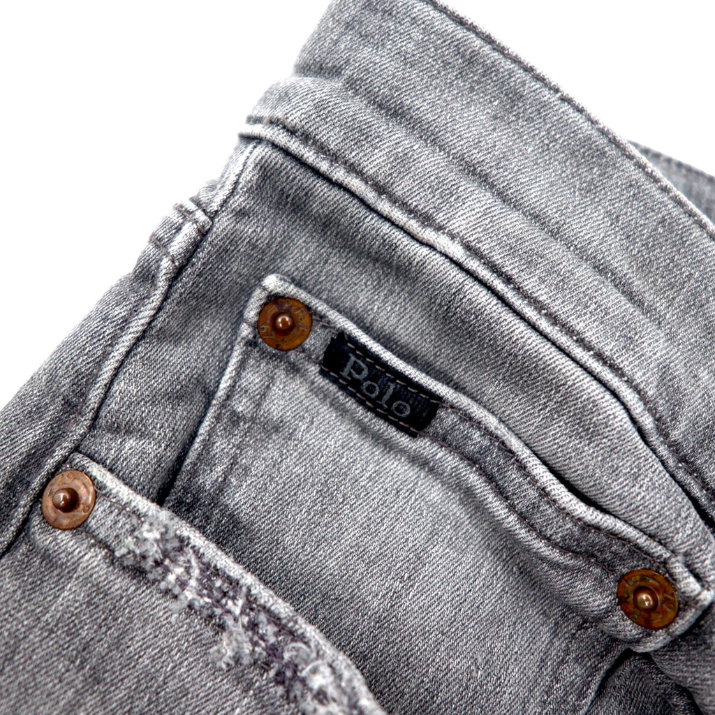 Polo Ralph Lauren distressed skinny jeans, denim pants, size 30, grey, cotton, stretch, leather patch, zipper fly, made in Turkey